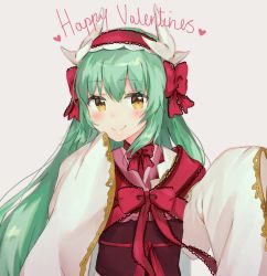 Rule 34 | 1girl, blush, bow, closed mouth, commentary, dragon horns, fate/grand order, fate (series), green hair, grey background, hair between eyes, hairband, happy valentine, heart, horns, japanese clothes, kimono, kiyohime (fate), long hair, long sleeves, looking at viewer, mochii, obi, red bow, red hairband, sash, simple background, sleeves past fingers, sleeves past wrists, smile, solo, very long hair, white kimono, wide sleeves, yellow eyes