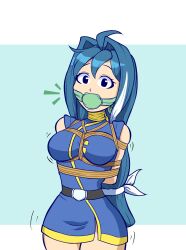 Rule 34 | 1girl, ahoge, arms behind back, artist name, artist request, ball gag, bare shoulders, bdsm, belt, between breasts, black eyes, blue hair, bondage, bound, bound arms, bound breasts, bound torso, breast bondage, breasts, china dress, chinese clothes, cloth gag, dress, female focus, film grain, gag, gagged, hair ornament, hair ribbon, highres, improvised gag, large breasts, long hair, looking at viewer, low-tied long hair, motion lines, multicolored hair, neck ribbon, original, ribbon, short dress, simple background, skindentation, sleeveless, sleeveless dress, solo focus, teal background, thighs, two-tone hair, very long hair, white background, white hair, yellow ribbon