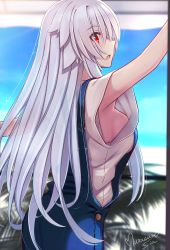 Rule 34 | 1girl, absurdres, arm up, blouse, blurry, blurry background, blush, breasts, commentary request, depth of field, eyes visible through hair, from behind, from side, grey hair, grey shirt, hair flaps, highres, long hair, looking away, medium breasts, murasame shia, no bra, open mouth, original, overalls, palm tree, profile, red eyes, shirt, short sleeves, sideboob, sideways mouth, signature, solo, split mouth, translucent hair, tree, very long hair, white shirt, wide sleeves