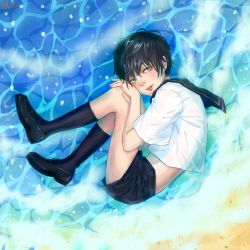 Rule 34 | 1boy, alou, androgynous, aqua eyes, artist name, beach, black hair, blush, caustics, fetal position, from above, hands on own knee, highres, knees together feet apart, lips, loafers, looking at viewer, lying, male focus, midriff, on side, original, parted lips, realistic, sailor collar, sand, see-through, shoes, short sleeves, shorts, signature, socks, solo, water