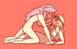 Rule 34 | 2girls, ass, bare arms, bare legs, bare shoulders, barefoot, blonde hair, breasts, completely nude, feet, fire emblem, fire emblem fates, grabbing, hanging breasts, headband, kneeling, legs, long hair, lowres, lying, midriff, multiple girls, navel, nintendo, nipples, nude, ophelia (fire emblem), pink eyes, pink hair, rollep, simple background, smile, soleil (fire emblem), thighs, tongue, tongue out, yellow eyes, yuri