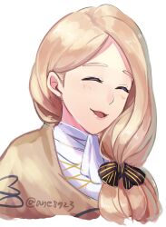 Rule 34 | 1girl, ane-suisei, blonde hair, bow, brown capelet, capelet, closed eyes, fire emblem, fire emblem: three houses, hair bow, hair over shoulder, long hair, low-tied long hair, low ponytail, mercedes von martritz, nintendo, open mouth