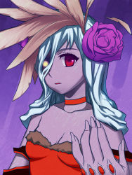 Rule 34 | 1girl, beatrice (wild arms), breasts, dress, flower, long hair, open mouth, red eyes, simple background, small breasts, solo, wild arms, wild arms 3