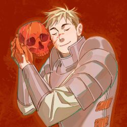 Rule 34 | 1boy, armor, blonde hair, blood, blood on face, blood on hands, bracer, clickuu, closed eyes, closed mouth, dungeon meshi, hands up, highres, holding, holding skull, laios touden, male focus, red background, short hair, skull, smile, upper body, very short hair