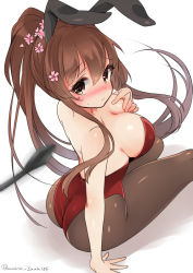 Rule 34 | 10s, 1girl, animal ears, arm support, ass, bare shoulders, black pantyhose, blush, breasts, brown eyes, brown hair, embarrassed, fake animal ears, female focus, flower, from behind, hair flower, hair ornament, hand on own chest, kantai collection, kuritomo, large breasts, leotard, looking at viewer, off shoulder, pantyhose, playboy bunny, rabbit ears, sitting, solo, yamato (kancolle)