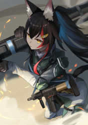 Rule 34 | 1girl, animal ear fluff, black hair, bodysuit, brown gloves, clothing cutout, from above, gloves, green bodysuit, grey bodysuit, gun, hair between eyes, highres, holding, holding gun, holding weapon, hololive, long hair, long sleeves, looking away, multicolored hair, ookami mio, parted lips, ponytail, red hair, rifle, rocket launcher, solo, sora no tori, speech bubble, streaked hair, tail, tail through clothes, virtual youtuber, weapon, wolf girl, wolf tail, yellow eyes