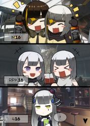 Rule 34 | &gt; &lt;, 3koma, 5girls, ?, alcohol, blush stickers, character name, closed eyes, comic, cup, drinking glass, drunk, dual persona, english text, eyepatch, girls&#039; frontline, gloves, highres, hk416 (girls&#039; frontline), hk416 (mod3) (girls&#039; frontline), jack daniel&#039;s, korean commentary, m16a1 (boss) (girls&#039; frontline), m16a1 (girls&#039; frontline), mod3 (girls&#039; frontline), multiple girls, rpk-16 (boss) (girls&#039; frontline), rpk-16 (girls&#039; frontline), trait connection, variasii, wine, wine glass