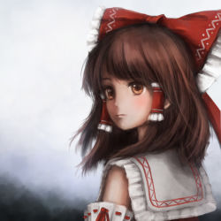 Rule 34 | 1girl, absurdres, ai hajime, bad id, bad pixiv id, bow, brown eyes, brown hair, closed mouth, collared shirt, commentary request, detached sleeves, frilled bow, frilled shirt collar, frills, from behind, grey background, hair bow, hair over shoulder, hair tubes, hakurei reimu, highres, light blush, looking away, looking to the side, medium hair, partial commentary, portrait, red bow, red ribbon, red shirt, ribbon, ribbon-trimmed sleeves, ribbon trim, shirt, sidelocks, sleeveless, sleeveless shirt, solo, swept bangs, touhou, upper body
