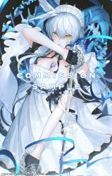 Rule 34 | 1girl, artist name, black gloves, black necktie, black ribbon, blue butterfly, blue hair, blue horns, blue ribbon, breasts, bug, butterfly, cleavage, closed mouth, commission, crystal, demon girl, demon horns, detached sleeves, dress, falling petals, gloves, hair between eyes, hair ornament, highres, holding, holding sword, holding weapon, horns, insect, jewelry, light blue hair, long hair, looking at viewer, maid, maid headdress, medium breasts, necktie, original, petals, ribbon, sample watermark, serious, shixiuosamu, short sleeves, sidelocks, solo, standing, sword, watermark, weapon, white dress, white petals, yellow eyes