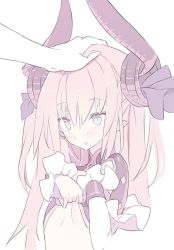 Rule 34 | 10s, 1girl, alternate color, black ribbon, blade (galaxist), blue eyes, blush, breasts, brown hair, curled horns, dragon horns, elizabeth bathory (fate), elizabeth bathory (fate/extra ccc), elizabeth bathory (first ascension) (fate), fang, fate/extra, fate/extra ccc, fate (series), flat chest, hair between eyes, hair ribbon, hands up, headpat, horns, long sleeves, parted lips, ribbon, simple background, small breasts, solo focus, two side up, white background