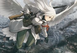 Rule 34 | 1girl, asterisk kome, boots, coat, feathers, flying, gloves, low wings, pants, weapon, white coat, white feathers, white hair, winged fusiliers, wings