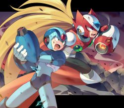 Rule 34 | 2boys, android, arm cannon, blonde hair, blue eyes, capcom, from side, green eyes, helmet, highres, iroyopon, letterboxed, long hair, male focus, mega man (series), x (mega man), mega man x (series), multiple boys, open mouth, outside border, robot, serious, teeth, upper teeth only, weapon, zero (mega man)