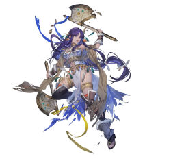 Rule 34 | 1girl, akka, altina (fire emblem), altina (unrivaled dawn) (fire emblem), axe, bare shoulders, breasts, chipped axe, clothing cutout, damaged, dual wielding, earrings, fire emblem, fire emblem: radiant dawn, full body, hair tie, holding, holding axe, jewelry, large breasts, long hair, navel, navel cutout, nintendo, official alternate costume, official art, open mouth, pelvic curtain, purple eyes, purple hair, smile, solo, torn clothes, very long hair