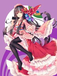 Rule 34 | 1girl, abstract background, alternate costume, alternate hair color, arms up, black hair, black pantyhose, bonnet, cellphone, commentary, crescent, crescent hair ornament, detached sleeves, flower, frilled kimono, frills, hair flower, hair ornament, hair ribbon, highres, holding, holding phone, houraisan kaguya, japanese clothes, kimono, knees together feet apart, layered skirt, lolita fashion, long hair, long sleeves, looking at viewer, mechrailgun, multicolored hair, no shoes, obi, open mouth, outstretched hand, pantyhose, petticoat, phone, pink kimono, purple background, red eyes, red skirt, ribbon, sash, short kimono, sidelocks, skirt, smartphone, solo, streaked hair, touhou, very long hair, wa lolita