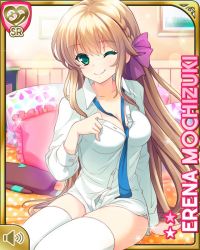 Rule 34 | 1girl, barefoot, bed, bedroom, blonde hair, blue necktie, braid, breasts, card (medium), closed mouth, cyberagent, day, dress shirt, female focus, girlfriend (kari), green eyes, hair ribbon, indoors, large breasts, long hair, mochizuki erena, necktie, official art, one eye closed, qp:flapper, ribbon, shirt, smile, solo, tagme, thighhighs, white shirt, white thighhighs, wink, zettai ryouiki