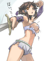 Rule 34 | 1girl, :o, armpits, bad id, bad pixiv id, blush stickers, breasts, bridal gauntlets, brown eyes, brown hair, censored, chai xianghua, convenient censoring, detached sleeves, earrings, face, foreshortening, jewelry, medium breasts, motion lines, navel, shorts, sideboob, simple background, solo, soul calibur, soulcalibur, soulcalibur iv, sword, tea (nakenashi), torn clothes, weapon