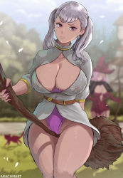 Rule 34 | 1girl, arachnart, artist name, black clover, breasts, broom, broom riding, cameltoe, cleft of venus, covered erect nipples, highres, jacket, large breasts, looking at viewer, nail polish, noelle silva, pink eyes, thighs, twintails, white hair, white jacket