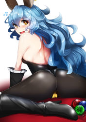 Rule 34 | 10s, 1girl, :d, animal ears, ass, back, backless outfit, bare shoulders, black footwear, black gloves, black leotard, black pantyhose, blue hair, blush, boots, breasts, brown eyes, erune, fake animal ears, fang, ferry (granblue fantasy), flying sweatdrops, from behind, gloves, granblue fantasy, high heel boots, high heels, knee boots, leotard, long hair, looking at viewer, looking back, open mouth, pantyhose, playboy bunny, rabbit ears, sideboob, simple background, small breasts, smile, solo, spread legs, tenken (gotannda), very long hair, wavy hair, white background
