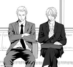 Rule 34 | 10s, 2010, 2boys, alternate costume, contemporary, crossed arms, formal, hair over one eye, crossed legs, male focus, monochrome, multiple boys, one piece, pinstripe pattern, pinstripe suit, roronoa zoro, sanji (one piece), sitting, striped, suit, suitcase