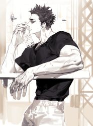 Rule 34 | 1boy, bara, biceps, bottle, closed mouth, copyright request, from side, greyscale, hand up, highres, holding, male focus, monochrome, muscular, muscular male, pigeon666, profile, sanpaku, shirt, short hair, signature, solo, veins, water bottle
