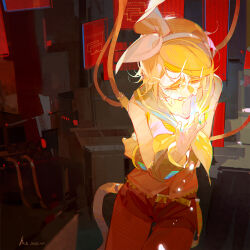 Rule 34 | 1girl, a-shacho, android, bare shoulders, belt, black sailor collar, black shorts, black sleeves, blonde hair, bow, cable, chinese commentary, closed eyes, clutching chest, commentary request, cowboy shot, crying, dated, detached sleeves, glowing, glowing heart, hair bow, hairband, hand on own chest, highres, joints, kagamine rin, kokoro (vocaloid), large bow, light in heart, neckerchief, open mouth, pantyhose, red pantyhose, red theme, robot joints, sailor collar, self hug, shirt, short hair, shorts, signature, solo, tears, thigh gap, vocaloid, white bow, white hairband, white shirt, window (computing), yellow neckerchief, yellow theme