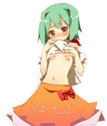 Rule 34 | 00s, 1girl, bandaid, bandaids on nipples, blush, chinchickrin, clothes lift, flat chest, green hair, macross, macross frontier, mouth hold, pasties, ranka lee, red eyes, shirt lift, simple background, skirt, solo, white background