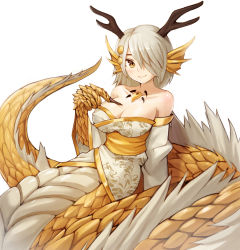 Rule 34 | 1girl, animal hands, bare shoulders, body jewelry, breasts, claws, cleavage, collarbone, dragon, dragon girl, eastern dragon, fins, gem, grey hair, hair over one eye, head fins, highres, horns, japanese clothes, jewelry, kimono, lamia, large breasts, looking at viewer, magatama, monster girl, monster girl encyclopedia, obi, off shoulder, ryuu (monster girl encyclopedia), sash, scales, short hair, simple background, slit pupils, smile, solo, sookmo, white background, yellow eyes