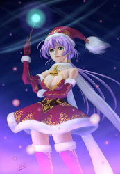 Rule 34 | 1girl, bell, boots, breasts, cleavage, elbow gloves, female focus, gloves, green eyes, hat, large breasts, mcq, original, purple hair, santa costume, santa hat, scarf, solo, thigh boots, thighhighs