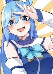Rule 34 | 1girl, :d, aqua (konosuba), bare shoulders, blue bow, blue dress, blue eyes, blue hair, blush, bow, breasts, commentary, detached sleeves, doyagao, dress, eyebrows hidden by hair, hair between eyes, highres, kono subarashii sekai ni shukufuku wo!, large breasts, long hair, long sleeves, looking at viewer, mame1645, open mouth, simple background, single hair ring, smile, smug, solo, straight-on, teeth, upper body, upper teeth only, v, v over head, very long hair, white sleeves, yellow background