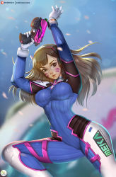 Rule 34 | 1girl, acronym, animal print, artist name, blue bodysuit, blue sky, blurry, blurry background, bodysuit, breasts, brown eyes, brown hair, clothes writing, cowboy shot, d.va (overwatch), day, didi esmeralda, facepaint, facial mark, finger on trigger, gloves, gun, handgun, headphones, high collar, holding, holding gun, holding weapon, lips, long hair, looking at viewer, medium breasts, nose, outdoors, overwatch, overwatch 1, parted lips, patreon logo, petals, pilot suit, pink lips, pistol, rabbit print, ribbed bodysuit, shoulder pads, signature, skin tight, sky, solo, swept bangs, weapon, whisker markings, white gloves