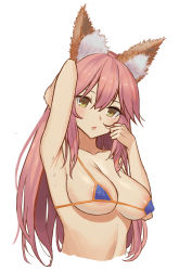 Rule 34 | 1girl, absurdres, animal ears, areola slip, arm up, armpits, bad id, bad pixiv id, bikini, breasts, collarbone, covered erect nipples, fate/grand order, fate (series), fox ears, hair between eyes, hand on own head, highres, large breasts, long hair, looking at viewer, micro bikini, parted lips, pink hair, simple background, solo, sweat, swimsuit, tamamo (fate), tamamo no mae (fate/extra), tamamo no mae (swimsuit lancer) (fate), turi, upper body, white background, yellow eyes