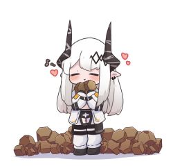 Rule 34 | 1girl, arknights, black footwear, blush, chibi, closed mouth, commentary, commission, ear piercing, eighth note, english commentary, closed eyes, facing viewer, full body, heart, holding, horns, jacket, kurotofu, long hair, long sleeves, mudrock (arknights), musical note, pants, piercing, pointy ears, shadow, shoes, solo, standing, very long hair, white background, white hair, white jacket, white pants