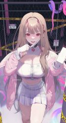 Rule 34 | 1girl, belt collar, breasts, brown hair, caution tape, cleavage, collar, fence, goddess of victory: nikke, highres, horns, jacket, large breasts, long hair, long sleeves, looking at viewer, mask, mask pull, mouth mask, open clothes, open jacket, open mouth, pink eyes, pleated skirt, skirt, smile, snake, solo, standing, terupancake, twitter username, viper (nikke), white skirt