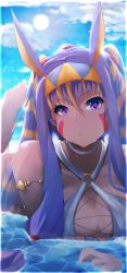 Rule 34 | &gt;:&lt;, 1girl, :&lt;, alternate costume, animal ears, bad id, bad pixiv id, blue sky, breasts, choker, cleavage, closed mouth, collarbone, dark-skinned female, dark skin, day, earrings, egyptian, facial mark, fate/grand order, fate (series), foreshortening, hairband, highres, hoop earrings, jewelry, large breasts, long hair, looking at viewer, lying, multicolored hair, nitocris (fate), o-ring, o-ring top, on stomach, orange hair, outdoors, partially submerged, purple eyes, purple hair, sidelocks, sky, solo, sun, sunlight, sweat, the pose, two-tone hair, v-shaped eyebrows, very long hair, wada kazu