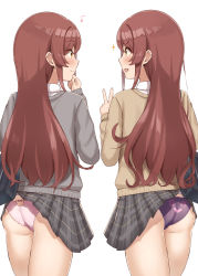 Rule 34 | 2girls, :d, absurdres, ass, bag, blush, brown hair, brown sweater, butt crack, closed mouth, clothes lift, clothes pull, cowboy shot, eighth note, eye contact, grey sweater, highres, idolmaster, idolmaster shiny colors, long hair, long sleeves, looking at another, miniskirt, multiple girls, musical note, open mouth, osaki amana, osaki tenka, panties, pink panties, plaid, plaid skirt, pleated skirt, purple panties, school bag, school uniform, siblings, simple background, sisters, skirt, skirt lift, smile, sparkle, sweater, thighs, twins, underwear, v, v-shaped eyebrows, wanimaru, white background, yellow eyes