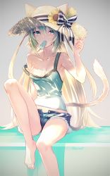 Rule 34 | 1girl, adjusting clothes, adjusting headwear, animal ears, aqua eyes, atalanta (fate), bare shoulders, barefoot, blonde hair, blush, breasts, cat ears, cat girl, cat tail, commentary, english commentary, fate/grand order, fate (series), food, green hair, hair between eyes, hat, ice cream, long hair, looking at viewer, miyuki ruria, mouth hold, multicolored hair, no bra, ribbon, shirt, short shorts, shorts, sidelocks, simple background, sitting, small breasts, solo, striped ribbon, tail