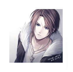 Rule 34 | 1boy, black jacket, blue eyes, brown hair, chain, chain necklace, commentary request, dated, expressionless, final fantasy, final fantasy viii, fur-trimmed jacket, fur trim, gradient background, grey background, hiryuu (kana h), jacket, jewelry, male focus, necklace, open clothes, open jacket, scar, scar on face, shirt, short hair, signature, simple background, solo, squall leonhart, upper body, v-neck, white shirt