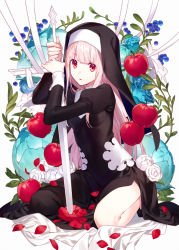 Rule 34 | 1girl, apple, arms up, asahikawa hiyori, black dress, blue flower, blue rose, blueberry, commentary request, dress, flower, food, fruit, full body, grey background, habit, holding, holding sword, holding weapon, light brown hair, long hair, looking at viewer, nun, original, parted lips, red apple, red eyes, red flower, red rose, ribbon, rose, seiza, sitting, solo, sword, veil, very long hair, weapon, white flower, white ribbon, white rose