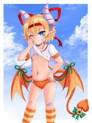 Rule 34 | 1girl, ;), alice (monster girl encyclopedia), bandaid, bandaid on cheek, bandaid on face, bandaid on knee, bandaid on leg, blonde hair, blue sky, bow, bug, buruma, butterfly, character request, closed mouth, clothes lift, cloud, collarbone, commentary request, day, fang, fang out, flower, green bow, green ribbon, gym shirt, gym uniform, hair ribbon, hand on own hip, headband, highres, horns, insect, kneehighs, lifted by self, low wings, monster girl encyclopedia, navel, one eye closed, orange butterfly, orange wings, outdoors, panties, panties under buruma, pointy ears, red headband, red ribbon, ribbon, shirt, shirt lift, short sleeves, sky, smile, socks, solo, sora (sunday sky), striped clothes, striped socks, tail, tail bow, tail ornament, underwear, white panties, white shirt, wings, yellow flower
