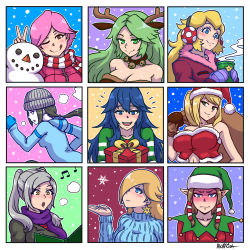 Rule 34 | 6+girls, :d, ;q, akairiot, animal costume, animal crossing, animal ears, antlers, artist name, beamed eighth notes, beanie, bell, blonde hair, blue eyes, blue gloves, blue hair, blue sweater, blush, book, breasts, brown eyes, brown hair, christmas, cleavage, coat, collar, collarbone, colored skin, cup, deer ears, earmuffs, earrings, fire emblem, fire emblem awakening, gift, gloves, green eyes, green hair, grey hair, hair over one eye, hat, highres, hood, hoodie, horns, huge breasts, jewelry, kid icarus, kid icarus uprising, large breasts, long hair, looking at viewer, lucina (fire emblem), mario (series), metroid, mole, mole under mouth, multiple girls, music, musical note, navel, neck bell, nintendo, one eye closed, open mouth, orange eyes, palutena, pink hair, pointy ears, ponytail, princess peach, princess zelda, purple scarf, reindeer antlers, reindeer costume, robin (female) (fire emblem), robin (fire emblem), rosalina, sack, samus aran, santa costume, santa hat, scarf, short hair, sidelocks, singing, smile, snow, snowflakes, snowing, snowman, steam, striped clothes, striped scarf, super mario bros. 1, super mario galaxy, super smash bros., sweater, teeth, the legend of zelda, the legend of zelda: twilight princess, tongue, tongue out, turtleneck, twintails, v, villager (animal crossing), white skin, wii fit, wii fit trainer, wii fit trainer (female), winter clothes, winter coat