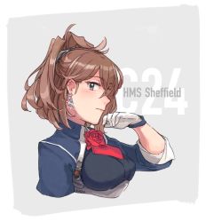 Rule 34 | 1girl, ascot, blue eyes, brown hair, character name, closed mouth, earrings, flower, gloves, hair between eyes, jewelry, kantai collection, long hair, long sleeves, military, military uniform, red ascot, red flower, red rose, rose, sheffield (kancolle), solo, uniform, upper body, weidashming, white gloves