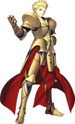 Rule 34 | 1boy, armor, armored boots, belt, blonde hair, boots, breastplate, cape, earrings, fate/grand order, fate (series), faulds, full armor, full body, gauntlets, gilgamesh (fate), gold armor, hair up, hand on own hip, highres, jewelry, looking at viewer, male focus, non-web source, official art, pauldrons, red eyes, short hair, shoulder armor, smile, solo, spiked hair, tachi-e, takeuchi takashi, transparent background, waist cape