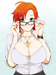 Rule 34 | 1girl, 41 (taskmaster41), adjusting eyewear, aqua eyes, black-framed eyewear, boudica (fate), breasts squeezed together, breasts, bursting breasts, cleavage, collarbone, commentary request, fate/grand order, fate (series), glasses, highres, huge breasts, jewelry, lavender shirt, necklace, red hair, shirt, short hair, smile, solo, watch, white shirt
