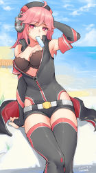 Rule 34 | 1girl, absurdres, arm support, armpits, bare shoulders, beach, belt, black bra, bra, breasts, cleavage, cross, dated, day, detached sleeves, food, headphones, highres, iron cross, long hair, looking at viewer, medium breasts, mouth hold, pink eyes, pink hair, popsicle, redauto, short shorts, shorts, signature, sitting, solo, sweat, thighhighs, tirpitz (warship girls r), underwear, unzipped, warship girls r