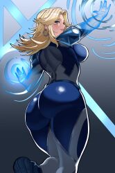 1girl ass blonde_hair blue_bodysuit blue_eyes bodysuit breasts ceroccb earrings fantastic_four highres jewelry large_breasts long_hair looking_at_viewer looking_back magic marvel marvel_rivals solo sue_storm superhero_costume two-tone_bodysuit white_bodysuit