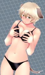 Rule 34 | 1girl, animal ears, black bra, black panties, blonde hair, blush, bra, brave witches, breasts, brown eyes, chain-link fence, cleavage, cowboy shot, dutch angle, fence, frown, grabbing own breast, large breasts, looking at viewer, navel, panties, parted lips, short hair, solo, standing, tail, tanaka rikimaru, underwear, underwear only, waltrud krupinski, world witches series