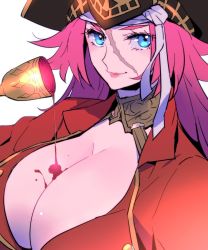 Rule 34 | 1girl, black hat, blue eyes, breasts, cleavage, fate/grand order, fate (series), francis drake (fate), hat, large breasts, long hair, looking at viewer, parted lips, pink hair, pirate hat, smile, solo, tagme, upper body