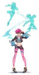 Rule 34 | 1girl, absurdres, afterimage, alternate hair color, cropped jacket, fingerless gloves, gloves, goggles, highres, nail polish, nastassia wallace, official alternate costume, overwatch, overwatch 1, pantyhose, pink hair, punk, punk tracer, shoes, short shorts, shorts, smile, solo, spiked hair, spikes, torn clothes, torn pantyhose, torn shorts, tracer (overwatch), union jack, v