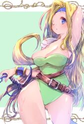 Rule 34 | 1girl, arm behind head, armor, belt, blonde hair, blue eyes, blue headband, blush, bracer, breasts, brown belt, celes chere, cleavage, cowboy shot, final fantasy, final fantasy vi, green background, green leotard, headband, highres, holding, holding sword, holding weapon, large breasts, leotard, letterboxed, long hair, looking at viewer, multiple belts, one eye closed, parted bangs, shoulder armor, solo, strapless, strapless leotard, sweat, sword, thighs, usapenpen2019, wavy hair, weapon