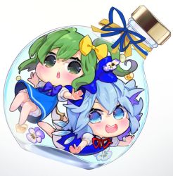 Rule 34 | 2girls, bottle, chibi, cirno, commentary request, daiyousei, flower, grey flower, multiple girls, simple background, syuri22, touhou, white background